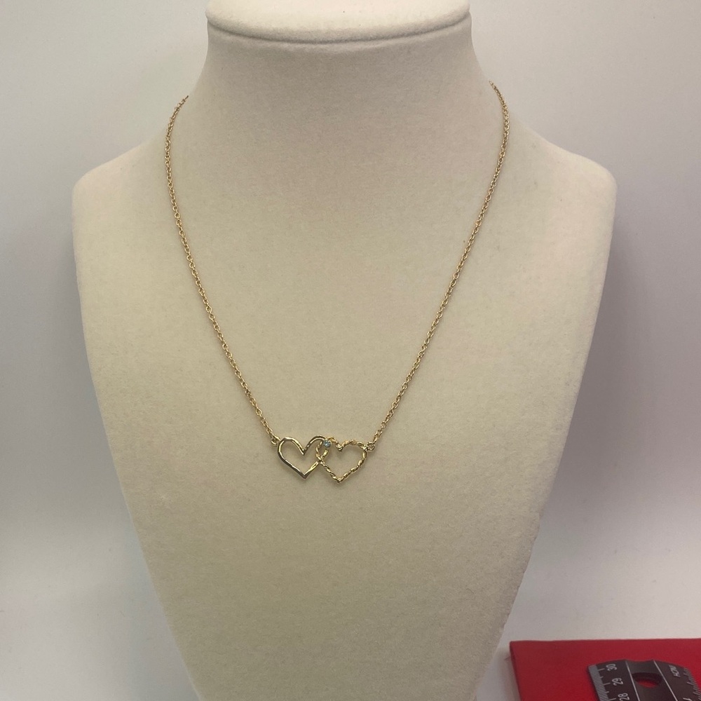 Gold Tone Double Heart Pendant Necklace 15 Inches with Birthstone for March